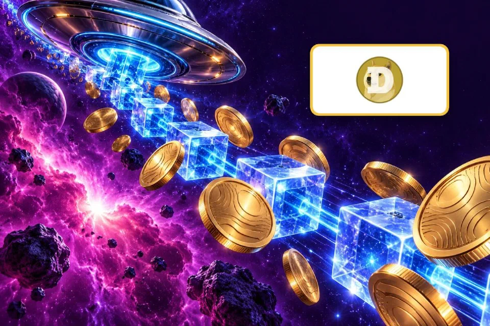 Dogecoin logo on a gold-framed plate above a stream of engraved gold coins and blue light blocks under a flying saucer