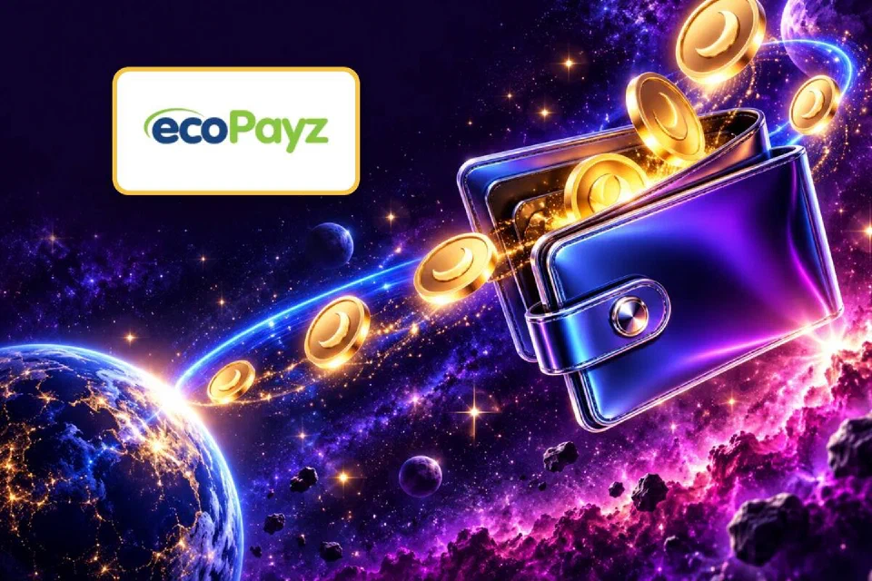 ecoPayz logo on a gold-framed plate above a violet wallet with moon coins streaming out towards a planet