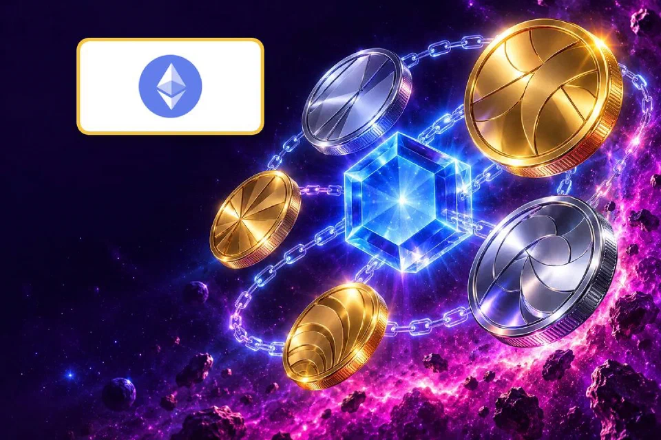 Ethereum logo on a gold-framed plate over engraved gold coins linked by light chains around a blue crystal