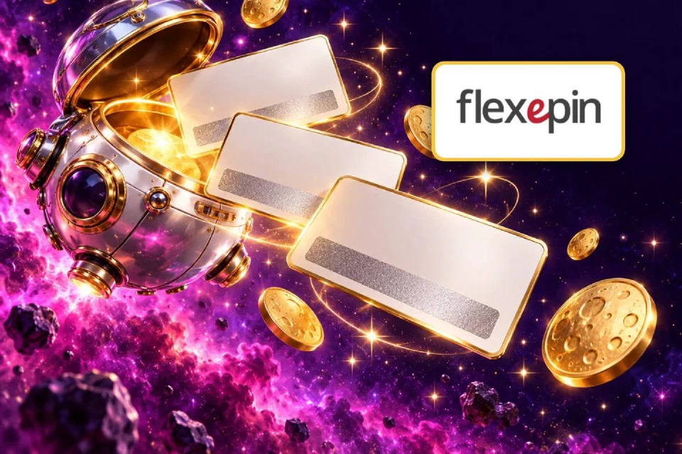 Flexepin logo on a gold-framed plate above prepaid vouchers with silver scratch strips leaving a chrome capsule
