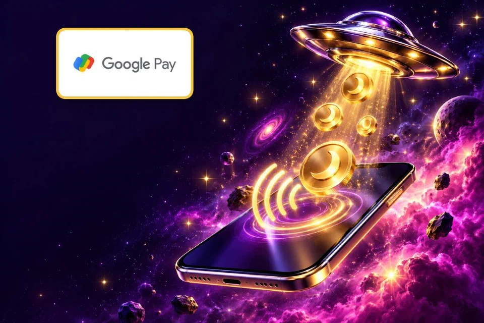 Google Pay logo on a gold-framed plate over a phone with a contactless wave and a chrome saucer beaming coins into it