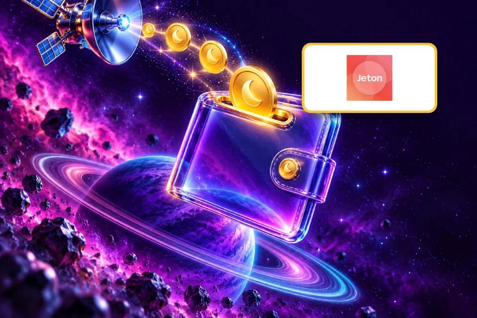 Jeton logo on a gold-framed plate over a glass wallet as moon coins stream in from a satellite dish