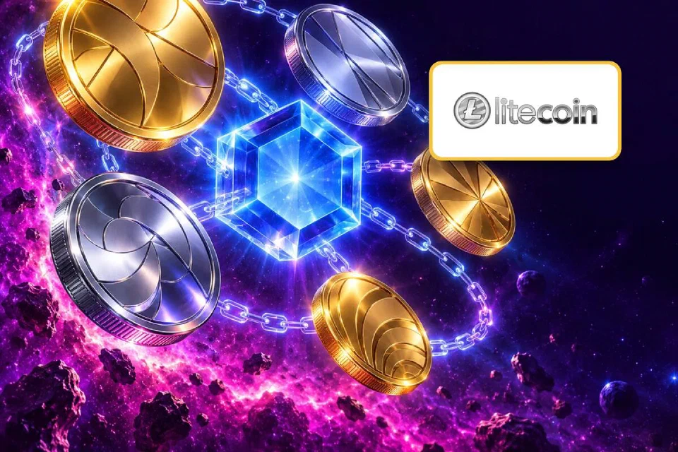 Litecoin logo on a gold-framed plate over silver and gold coins circling a glowing blue hexagon in space