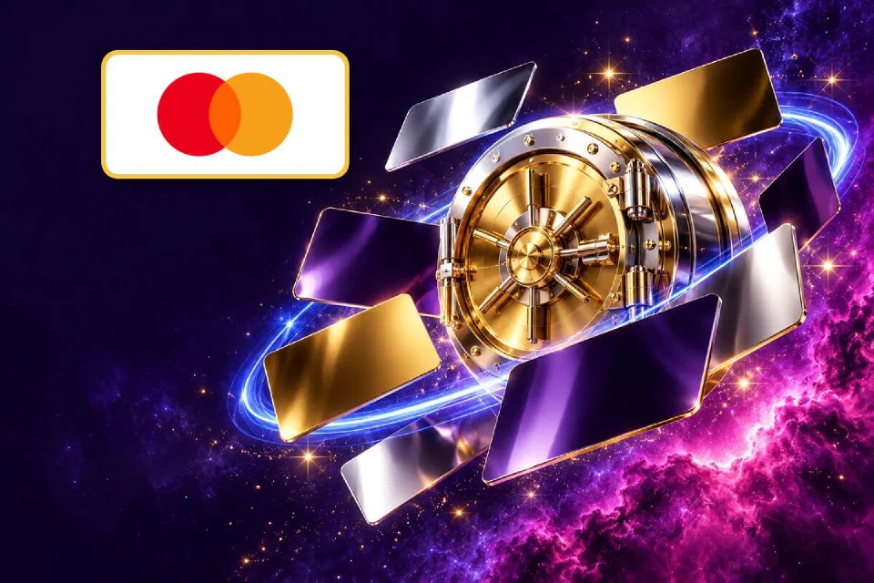 Mastercard logo on a gold-framed plate over spinning blank cards and a golden vault in deep violet space