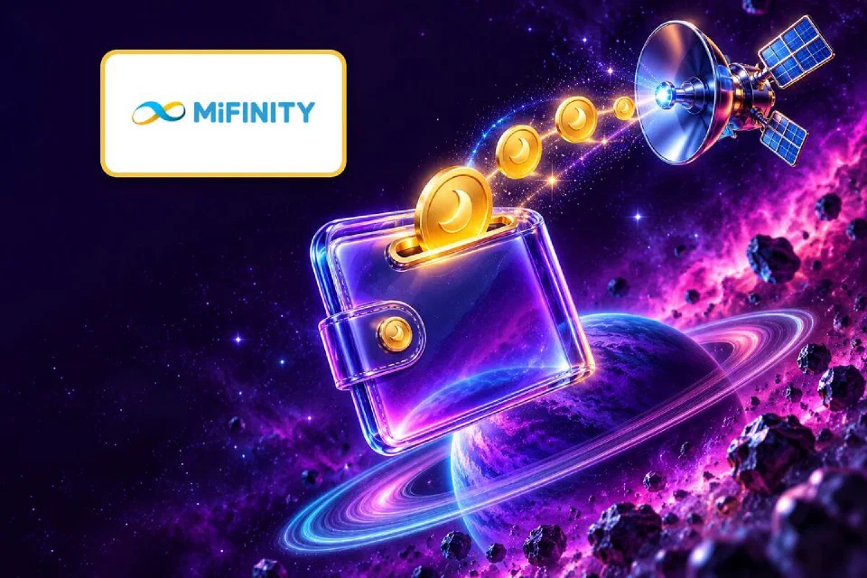 MiFinity logo on a gold-framed plate above a holographic violet wallet receiving coins from a satellite dish
