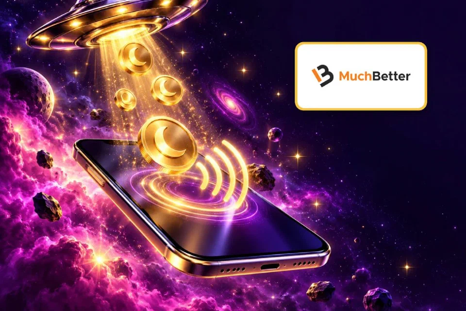 MuchBetter logo on a gold-framed plate above a phone catching moon coins beamed from a chrome flying saucer