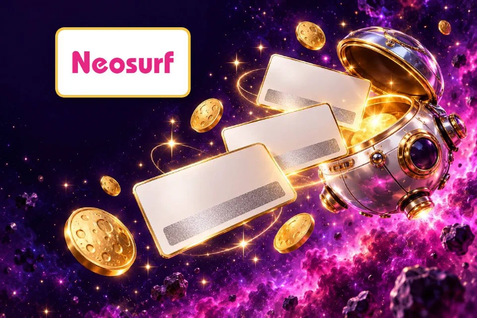 Neosurf logo on a gold-framed plate over glossy prepaid voucher cards and moon coins drifting from a chrome capsule