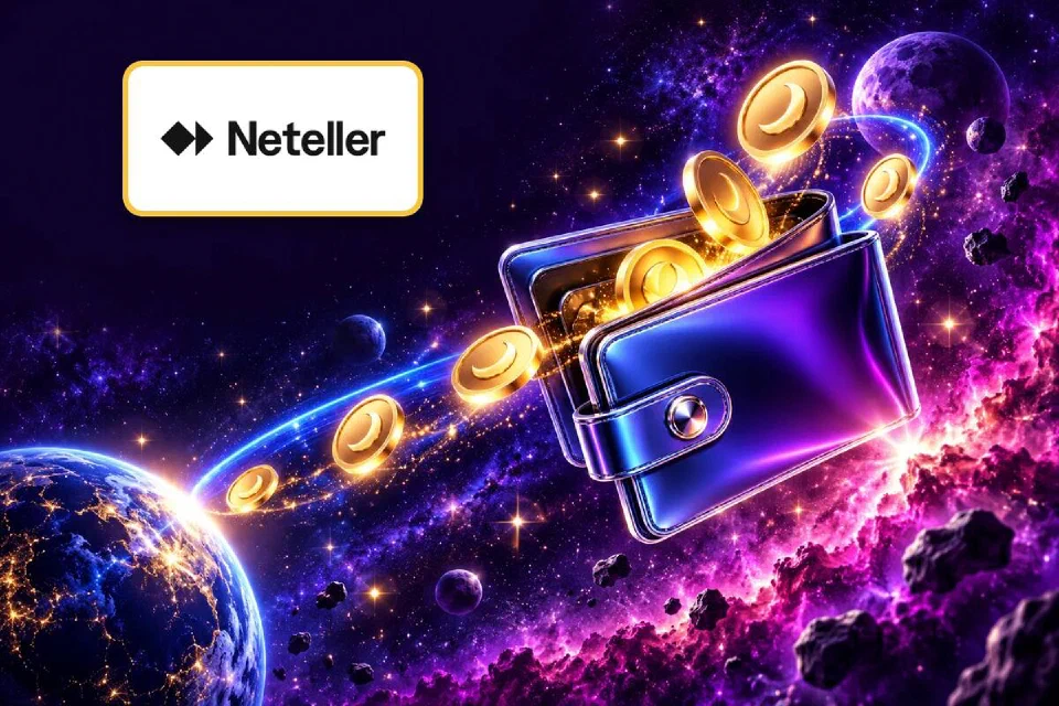 Neteller logo on a gold-framed plate above a violet wallet filling with moon coins near a glowing planet