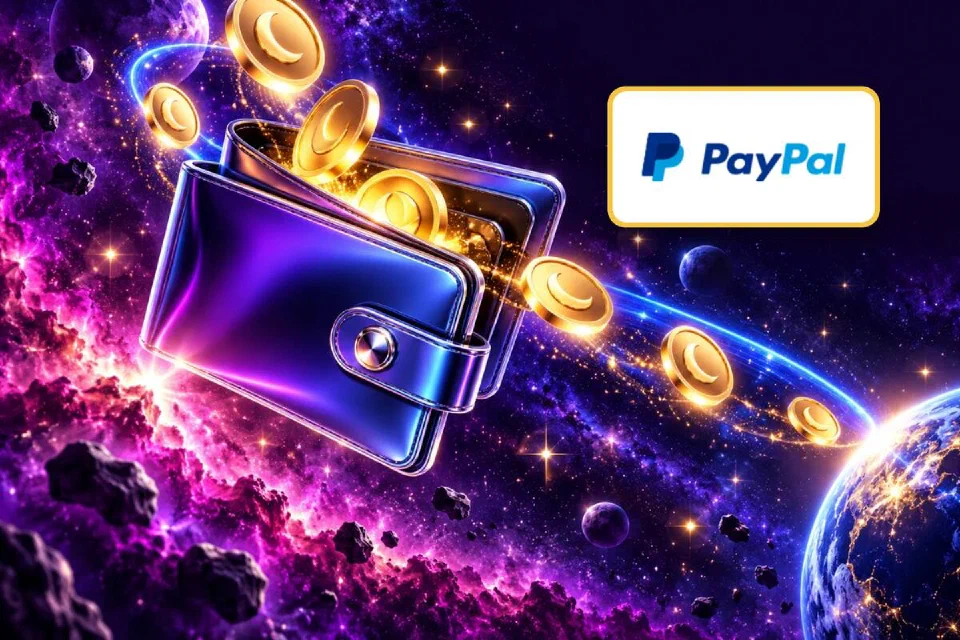 PayPal logo on a gold-framed plate over a glossy violet wallet with moon coins flowing along a blue light arc