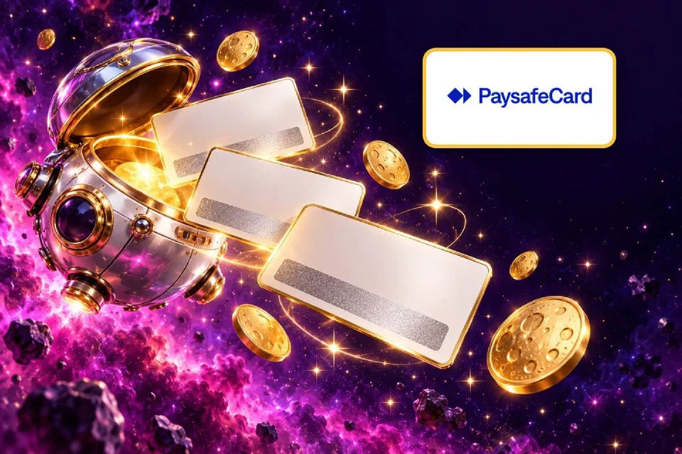 Paysafecard logo on a gold-framed plate above prepaid voucher cards floating out of a chrome space capsule