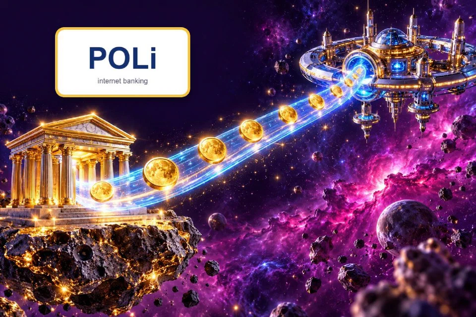 POLi logo on a gold-framed plate above a golden bank on an asteroid sending moon coins across a light bridge