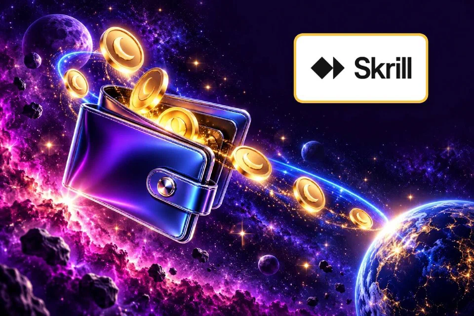Skrill logo on a gold-framed plate over a violet wallet spilling moon coins along a light arc towards a planet