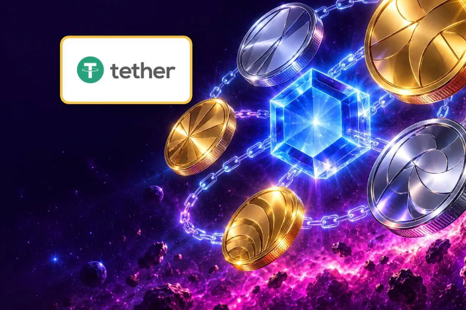 Tether logo on a gold-framed plate above gold coins in a ring of light chains around a blue crystal hexagon
