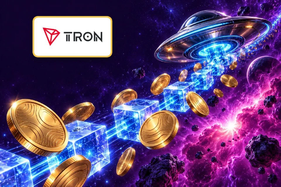 Tron logo on a gold-framed plate above glowing blue blocks and gold coins pulled along by a chrome flying saucer