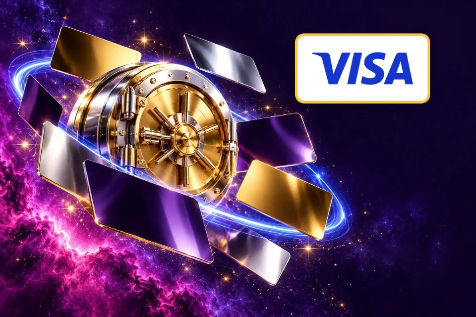 Visa logo on a gold-framed plate above a gold vault ringed by blank payment cards in violet space