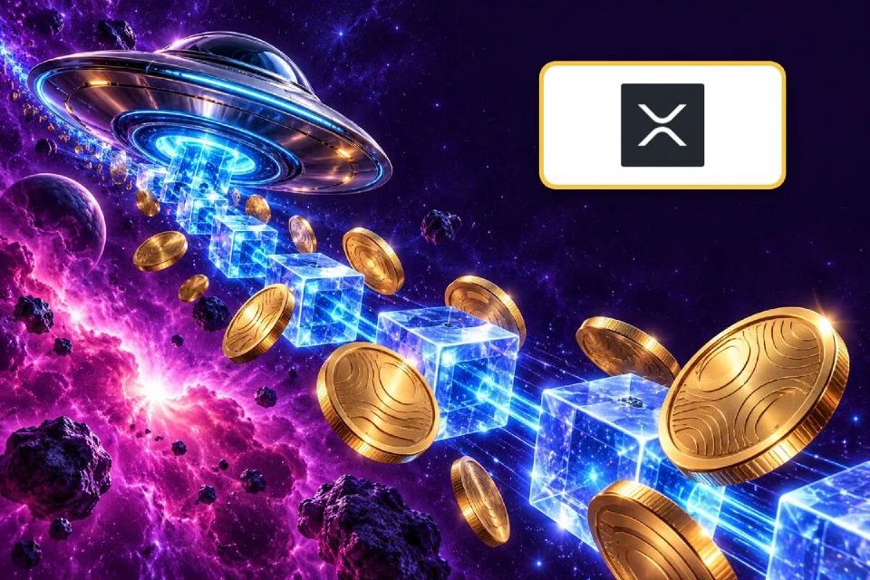 XRP logo on a gold-framed plate over gold coins tumbling along a chain of glowing blue blocks behind a flying saucer