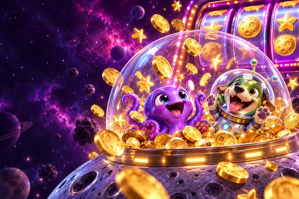 Purple octopus alien and dog alien cheering in a glass dome as gold coins rain around them