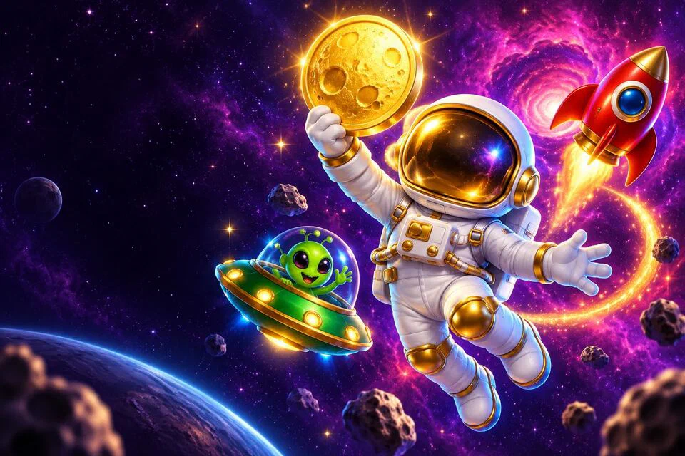 Cartoon astronaut holding up a golden moon coin next to a green flying saucer and a red rocket