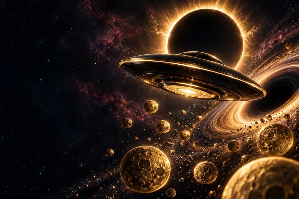 Golden flying saucer passing an eclipse with moon coins drifting through dark space