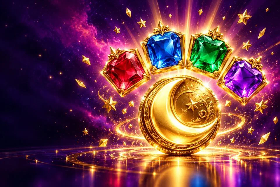 Four jewel jackpot plates in red, blue, green and purple rising above a golden crescent-moon coin