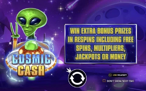 Cosmic Cash start screen with the green alien, the game logo and the spin button