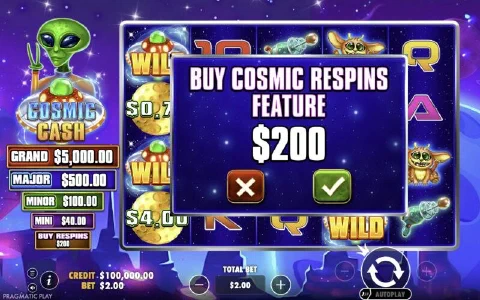 Buy Cosmic Respins confirmation window over the reels with a tick and a cross button