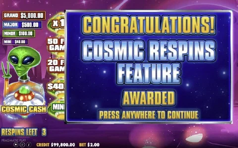 Cosmic Respins Feature Awarded banner over the purple respins screen