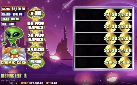 Cosmic Respins grid with money moons and UFO awards