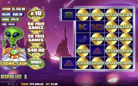 Cosmic Respins grid with moons stacked at the right edge and UFO awards for free games, multipliers and the Minor jackpot