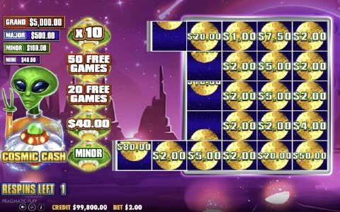 Cosmic Respins grid with rows of money moons filling towards the edge and UFO awards beside each row