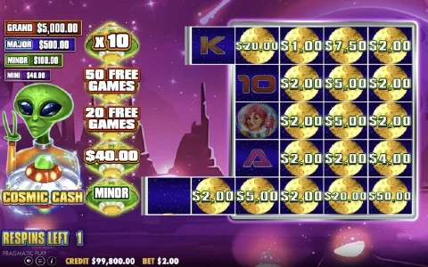 Cosmic Respins grid with money moons and UFO awards